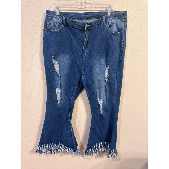 Frayed Hem Distressed Flare Jeans Plus Size Dark Wash Denim Pants - Picture 1 of 5
